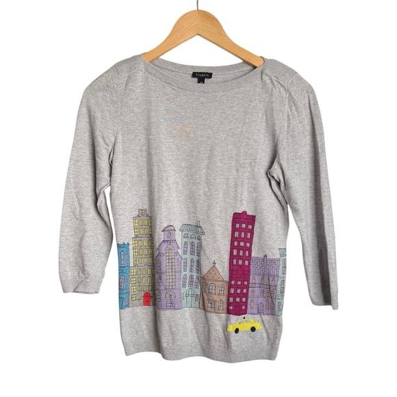 Talbots City Scene Embroidered Sweater Women’s XS Grey Taxi Boat Neck 3/4 Sleeve - Picture 2 of 8